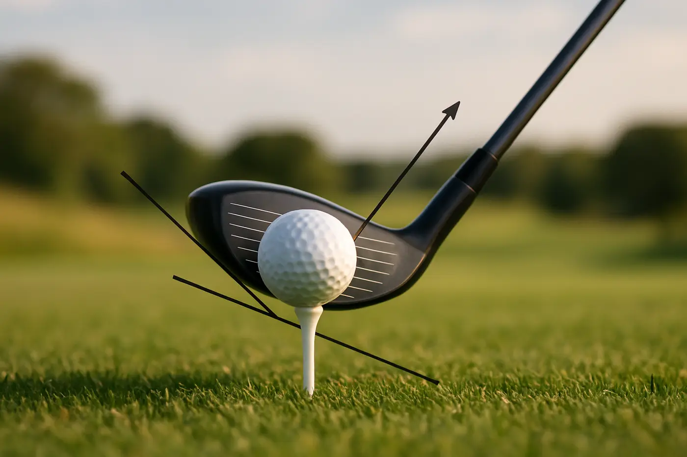 Illustration of a club head moving up into a ball on a tee