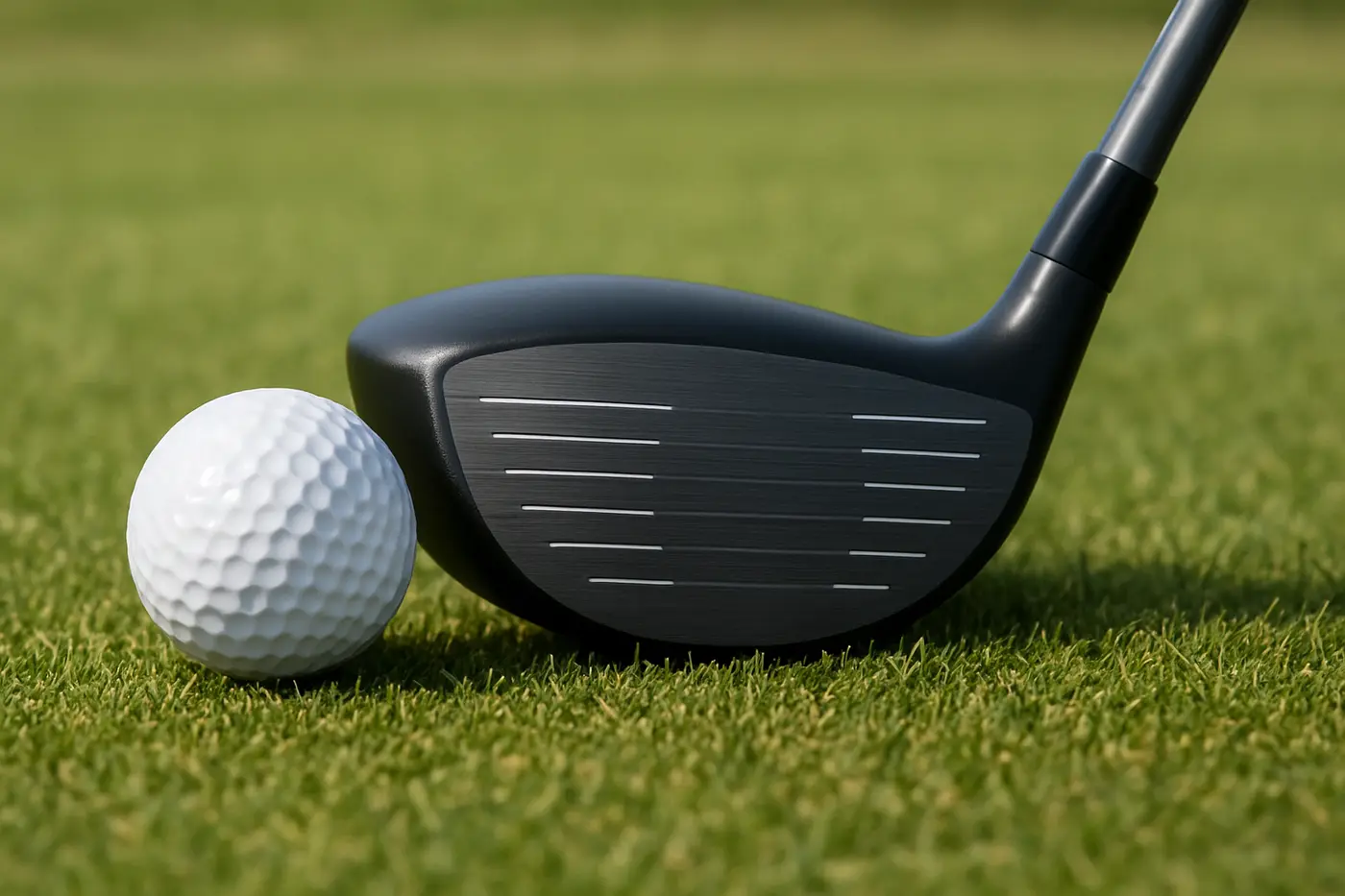 Illustration of a golf driver head resting behind a golf ball on grass