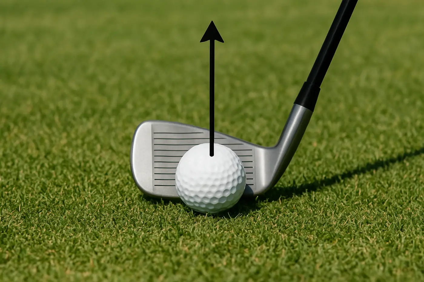 Diagram of a club face squared up behind a ball, with an arrow showing the swing path